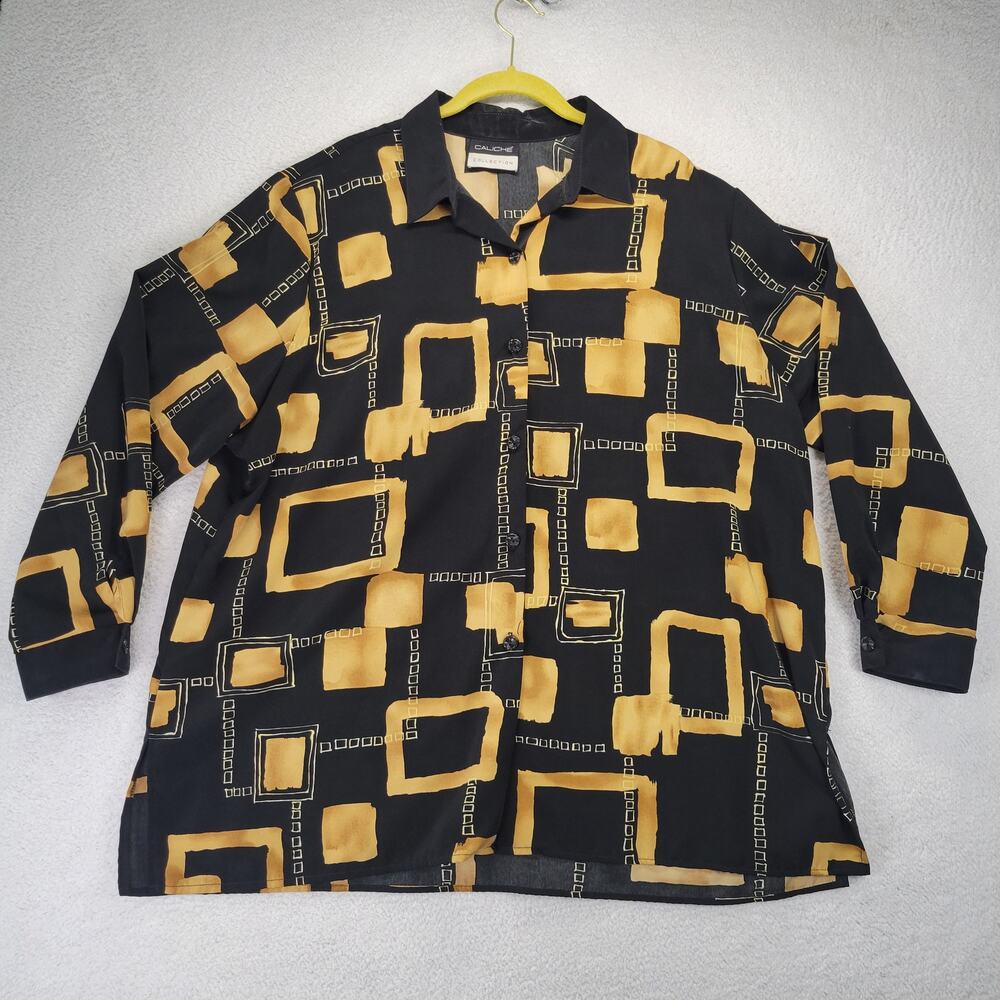Caliche Collection Top Womens 40/20W Button Up Gold Black Long Sleeve Shirt